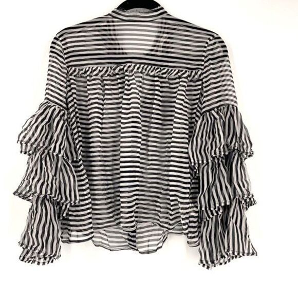 NWT GM Studio Women's Silk Striped Ruffle Sleeve Blouse Black White Size XS - Picture 2 of 12